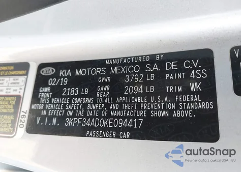 2019 Kia Forte S z USA, uszkodzony, nr VIN 3KPF34AD0KE094417